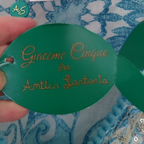 Antica Sartoria Boho Beach Dress Coverup Blue and White Floral Gold Sequins NWT - Picture 5 of 10